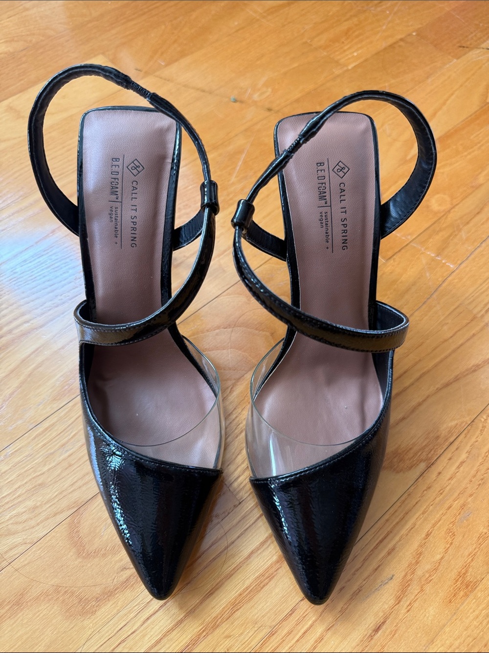 Call It Spring Black Patent Pointed-Toe Slingback Heels with Clear Strap